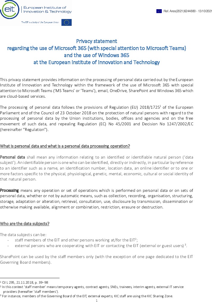 Privacy Statement Regarding The Use Of Microsoft 365 With Special Attention To Microsoft Teams At The Eit European Institute Of Innovation Technology Eit