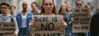Woman holding a cardboard with "There is no Planet B" motto