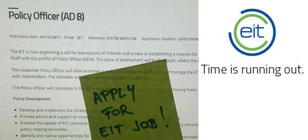 Time is running out policy officer job EIT